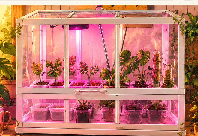 Petite serre de bouturage éclairée, avec des jeunes plantes en pots