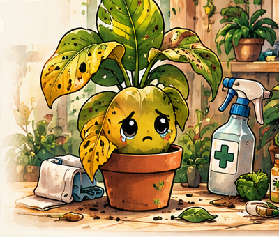 Illustration cartoon d’une plante malade soignée avec un vaporisateur et une trousse de premiers soins