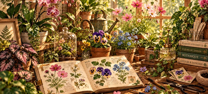 Coin de serre chaleureux avec plusieurs plantes et un chat noir