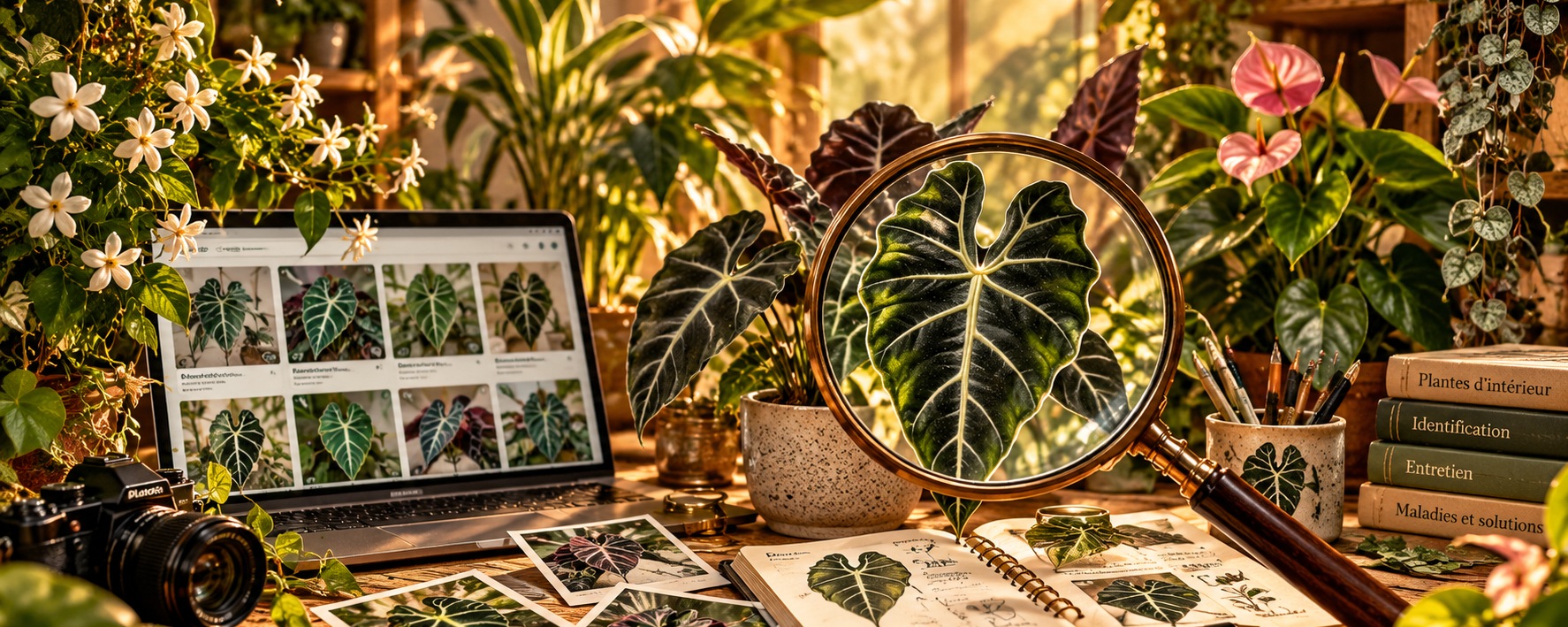 Loupe botanique observant une feuille panachée