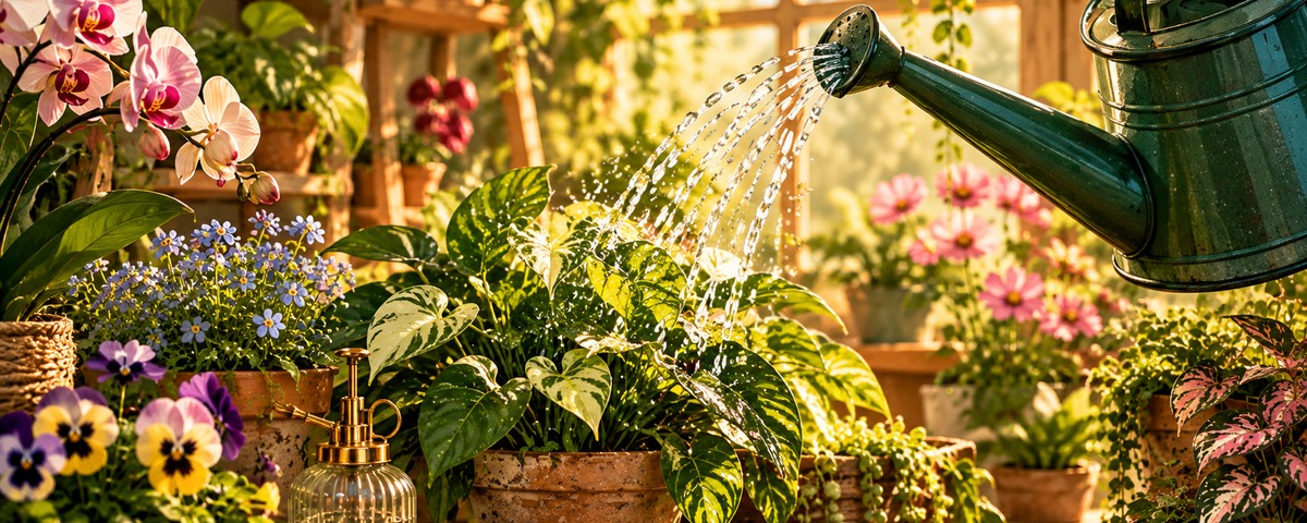 Arrosoir vert qui arrose délicatement une plante tropicale